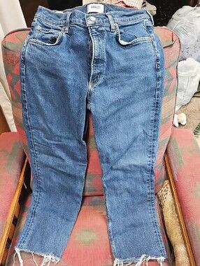 Agolde Blue High-Rise Straight Ankle Jeans with Frayed Hem Sz 28